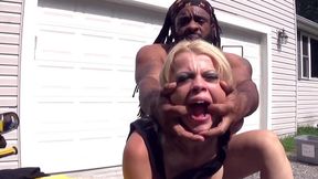 Black man's big cock gives white girl a sloppy blowjob on a motorbike