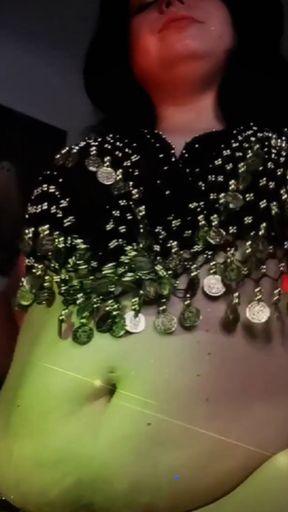 Belly dancing BBW smiles while burping on YouTube