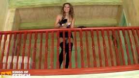 horny babe fucks her pussy with a banana and a huge toy