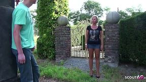 Horny German milf catches step-son jerking off outside and fucks him hard in the garden