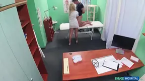 Nurse gives blonde patient a deepthroat blowjob while checking his balls.