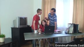 Office meeting ends mature threesome sex