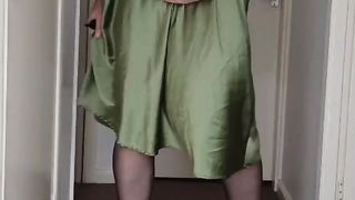 Sizzling crossdresser green satin slide sundress