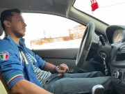 Gay jerk off in car, get caught, no cum.