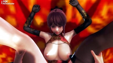 British 3D animated fantasy with dominant woman in ornate attire dominating a warrior