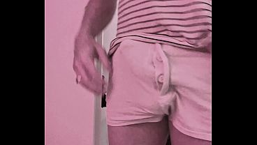 Horny boy caught playing with his big thick cock in undies, then takes it out