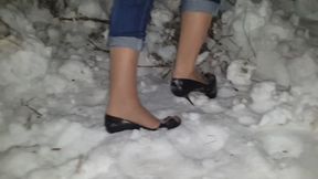 Platform high heels in snow, wrecked high heels, high heels in deep snow, high heels stomping