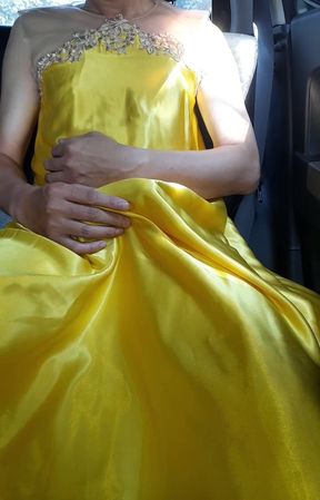 Sexy Crossdresser Masturbating Wearing Yellow Satin Shiny Dress