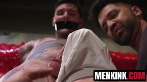 Sebastian keys and Dominic torment inked Teddy Bryce in pipe bondage