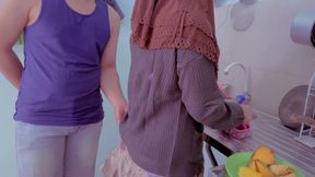 Budhe cooking harassed by naughty stepbrother
