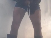 Uncut farm lad in blue shorts pissing