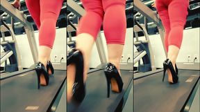 stiletto high heels public gym treadmill walking in pleasers tall shiny black stripper shoes workout yoga pants exercise cardio - kyra hellfire