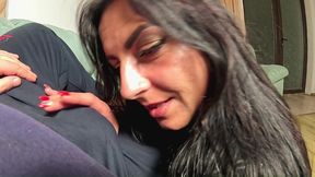 waking him up in leather. no bra tease, blowjob and cum play on my outfit prev