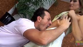 Busty bitch in white lace flaunts her juicy ass and gets slammed hard