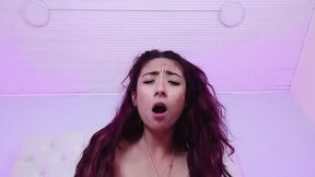 Busty babe gives sloppy full blowjob with purple dildo