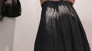 Sexy brunettes try on clothes at fitting room. Hairy pussy amateur wife, big tits, big ass.