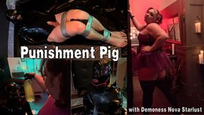 “Punishment Pig”: BBW Femdom Nova Starlust put her latex gimp in duct tape bondage, ball stretching with weights, foot domination, spit, caning corporal punishment, mind fuckery watersports play, latex straight jacket, posture collar and heavy bondage