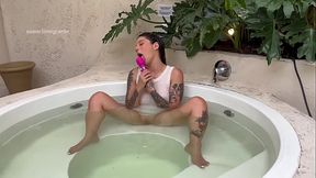 Relaxing hot shower in my stepdad'_s jacuzzi, I let my white dress get wet and then I masturbate with my pink vibrator