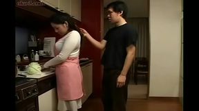 Asian stepmom and son have taboo kitchen fun