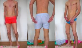 Twink in tighty whites begs for your thick opinion on his bulging boxers