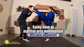 Samy blue gi martial arts domination with socks and barefoot