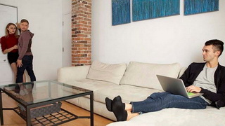 He jerks cock while his older stepbrother getting dirty with his girlfriend