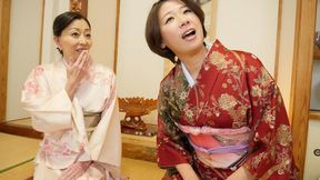 Double tease kimono babe yanked hard in nasty 3-way sloppy mess