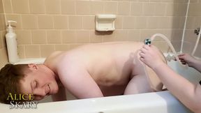 Submissive&#039;s simple shower anal douching