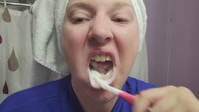 Brushing Teeth with Hair in Towel and Robe on