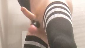 Shower cum in thigh high socks