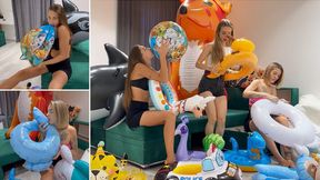 Three beauties are blowing many inflatables