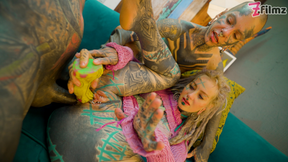 Trans Dark Leaves first time porn with Heavily tattooed couple. ATM, Facial