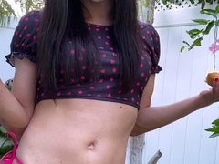 Big tit shemale jerks her long cock