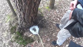 two friends pissing a big foamy puddle behind a tree