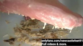 Crush fetish. Squishy food smashed and squelched under feet. Foot slaves dinner POV