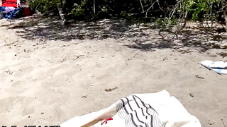 Public Beach Threesome - Double Creampied Wives Share Husband's Dick