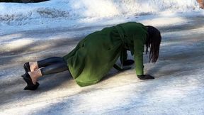 Lia on heelless shoes walking on very slippery ice road, high heels on ice, Zanotti on ice, girl walking on ice