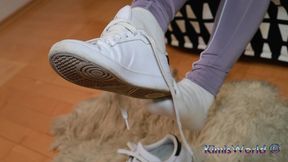 Lavender Leggings, Worn White Socks &amp; Sneakers - Foot Tease &amp; Shoeplay