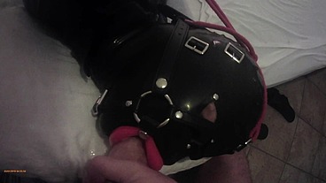 Laura hogtied and hooded with a lip open mouth gag has her throat fucked for 15 minutes