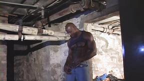 ”The big ebony dude jerks off in his secret haven at home the basement”