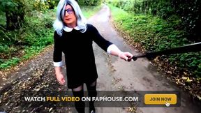 Amateur crossdresser Kellycd2022 in black dress and pantyhose outdoors