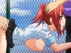 Red haired anime babe gets filled by two big cocks on a rooftop