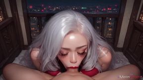 exquisite red dress hides the luscious body of a white-haired girl who is having sweet sex on the balcony near the railing.[ai]