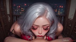 exquisite red dress hides the luscious body of a white-haired girl who is having sweet sex on the balcony near the railing.[ai]