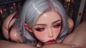 exquisite red dress hides the luscious body of a white-haired girl who is having sweet sex on the balcony near the railing.[ai]