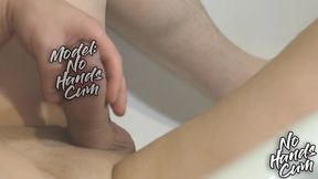 Jerking off a big cock in the bathroom, cumshot no touching the cock with your hands