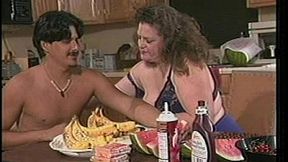 BBW housewife cooks up a sexy kitchen session