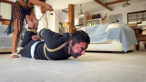 Latina Finds Every Tickling Spot on Her Sub While He Is in a Strict Hogtie