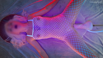 Pretty blonde girl in white stockings moans with multiple orgasms from a huge cock and dildo
