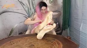 Dirty Soled MILF Lady Angela teasingly applies makeup with her pedicured toes on display